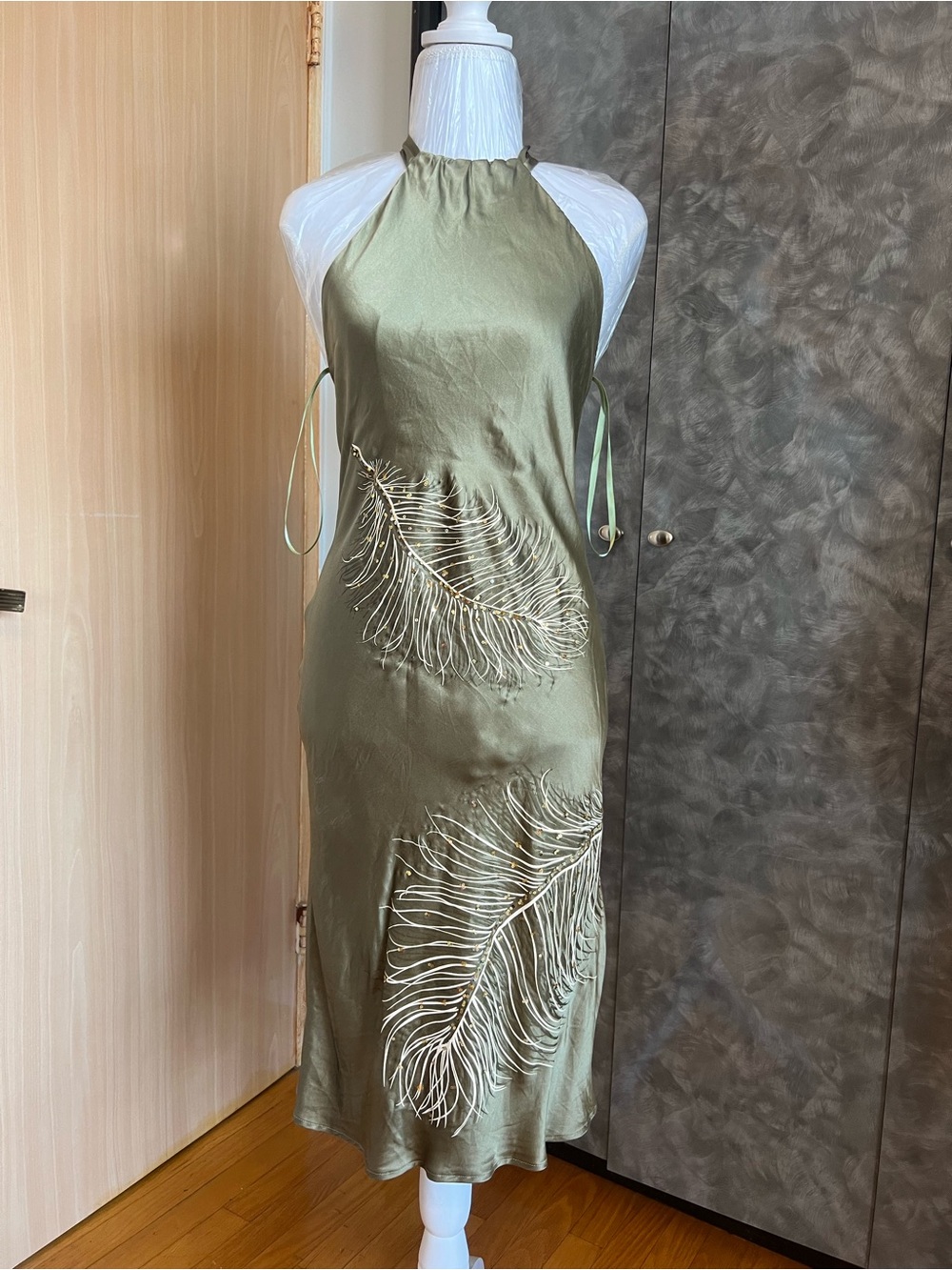 Rubber Ducky Olive Green Silk Halter Midi Dress with Feather Embroidery